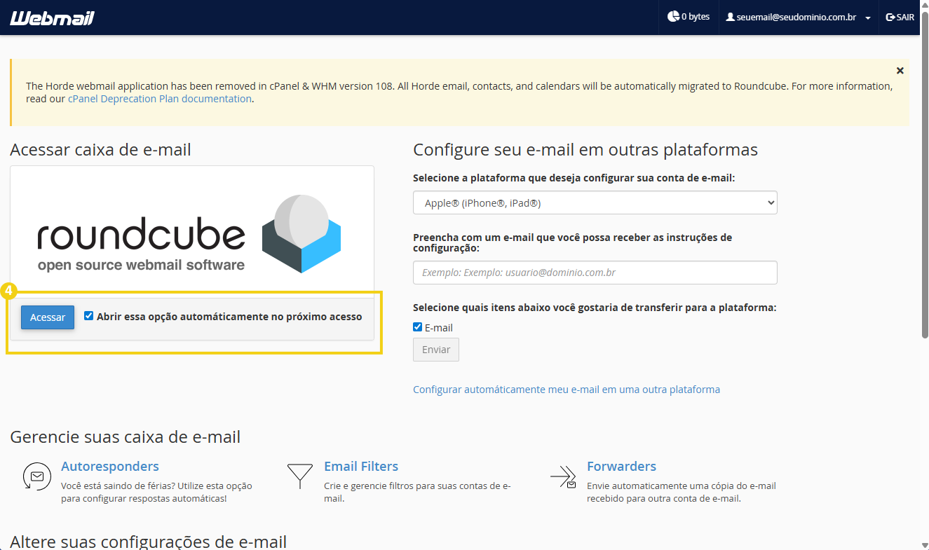Imagem mostra a tela do Webmail com o primeiro acesso ao Roundcube